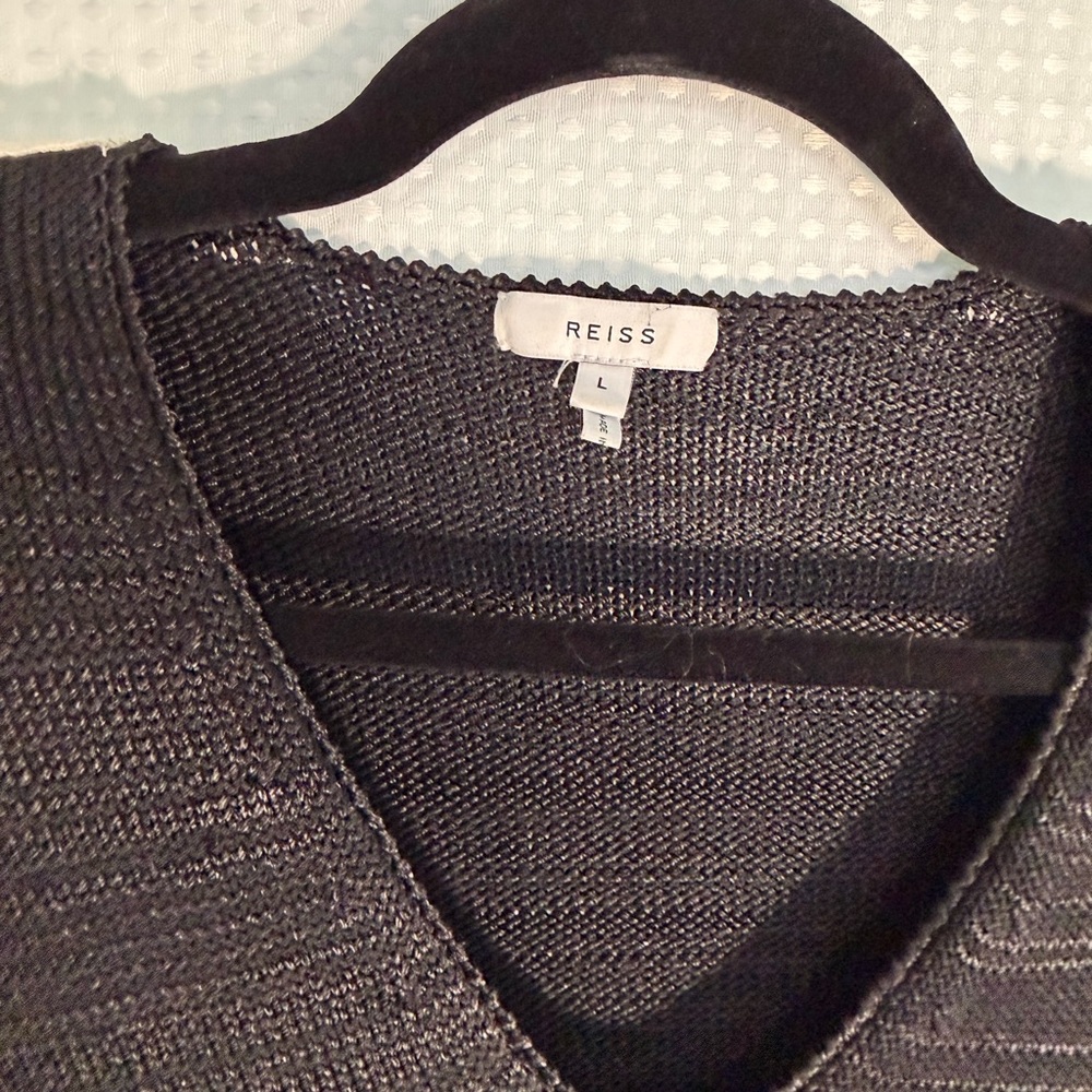 REISS Black V-Neck Knit Sweater w/ Contrast Stripe Sleeves | Size L | - Picture 7 of 8